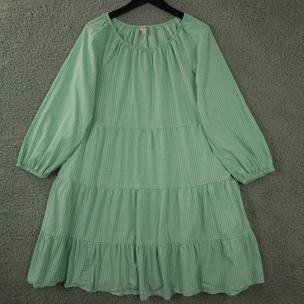 J Crew Dress Womens Large Green Gingham Cotton Blend Poplin Raglan Tiered Mini - Picture 1 of 12